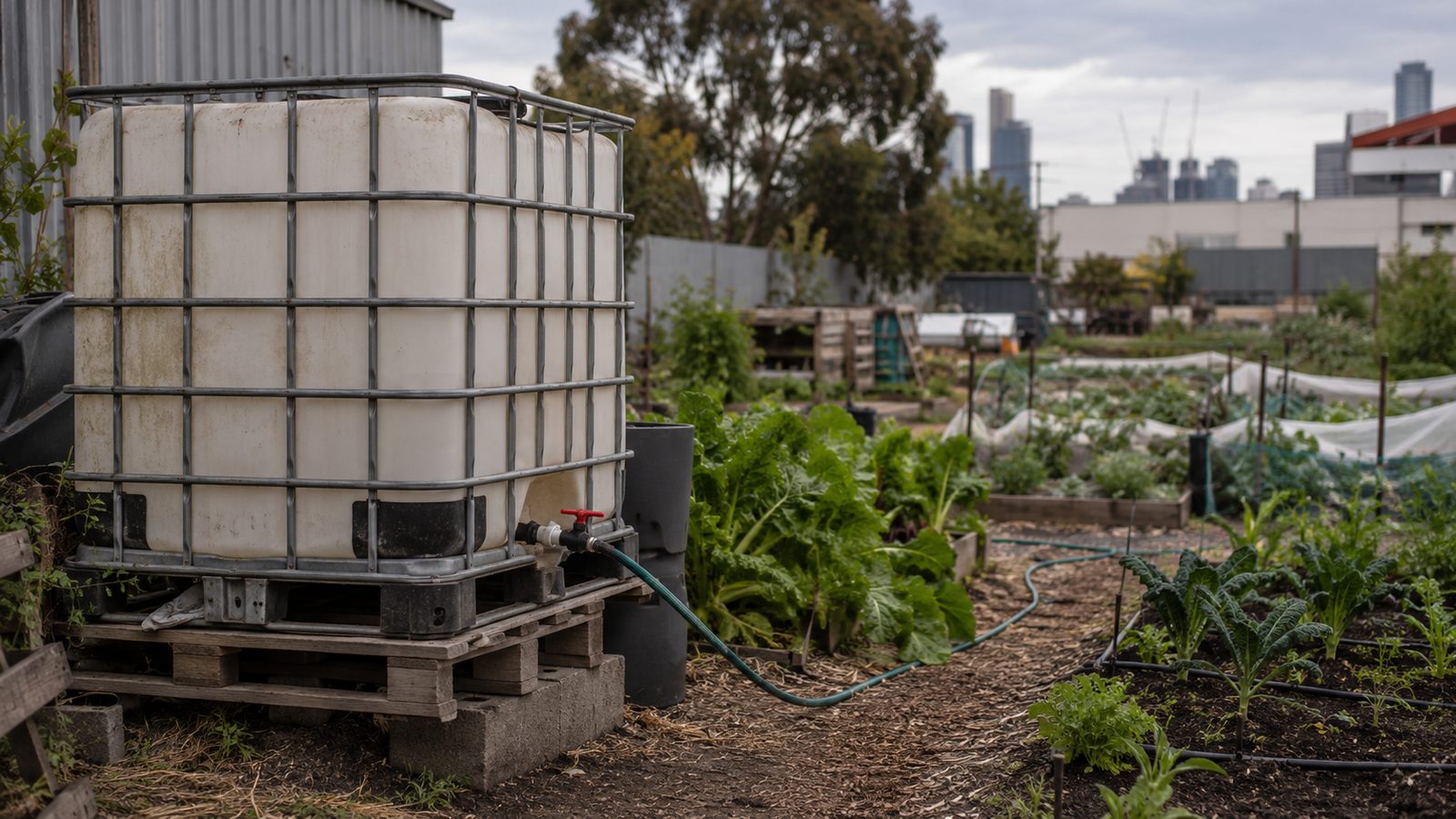 Used IBC tank storing irrigation water in a garden