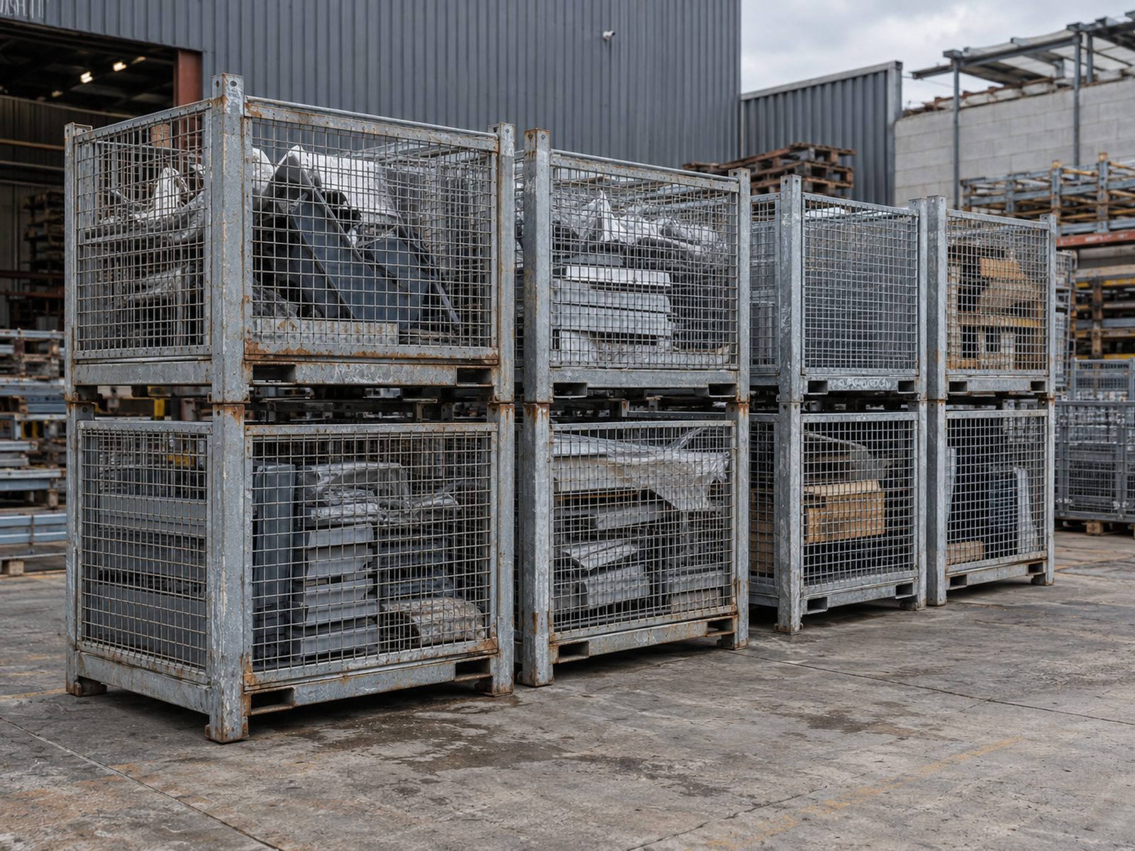 Retired steel stillages grouped together for collection