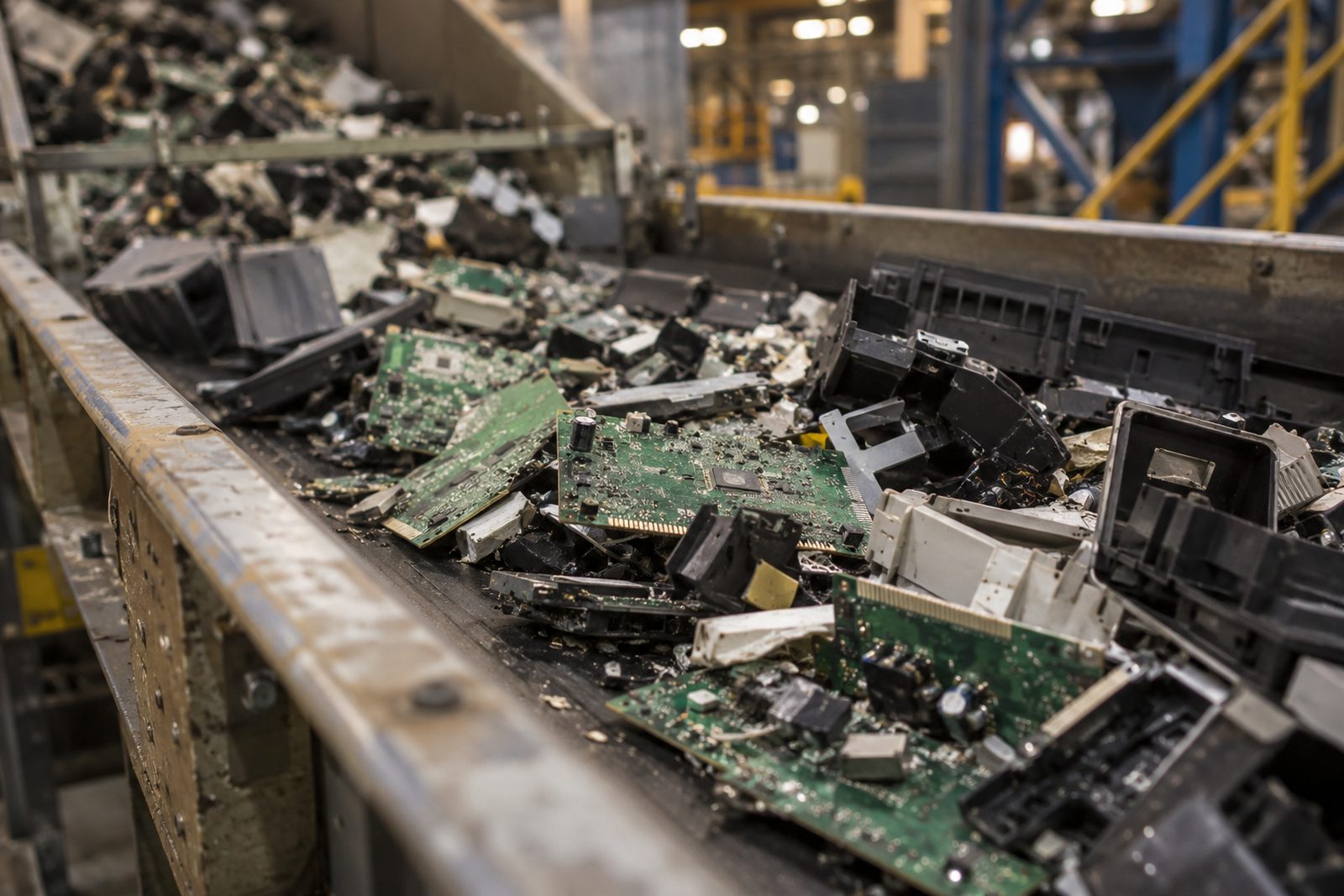 Dismantled e-waste on a recycling facility conveyor, close-up
