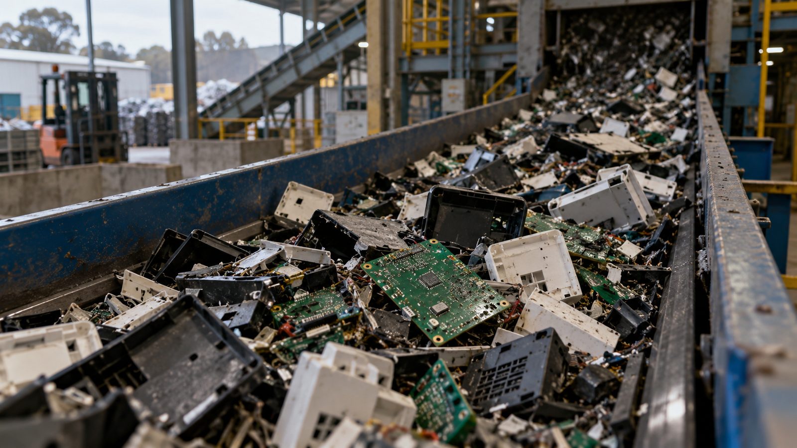 Dismantled e-waste on a recycling facility conveyor