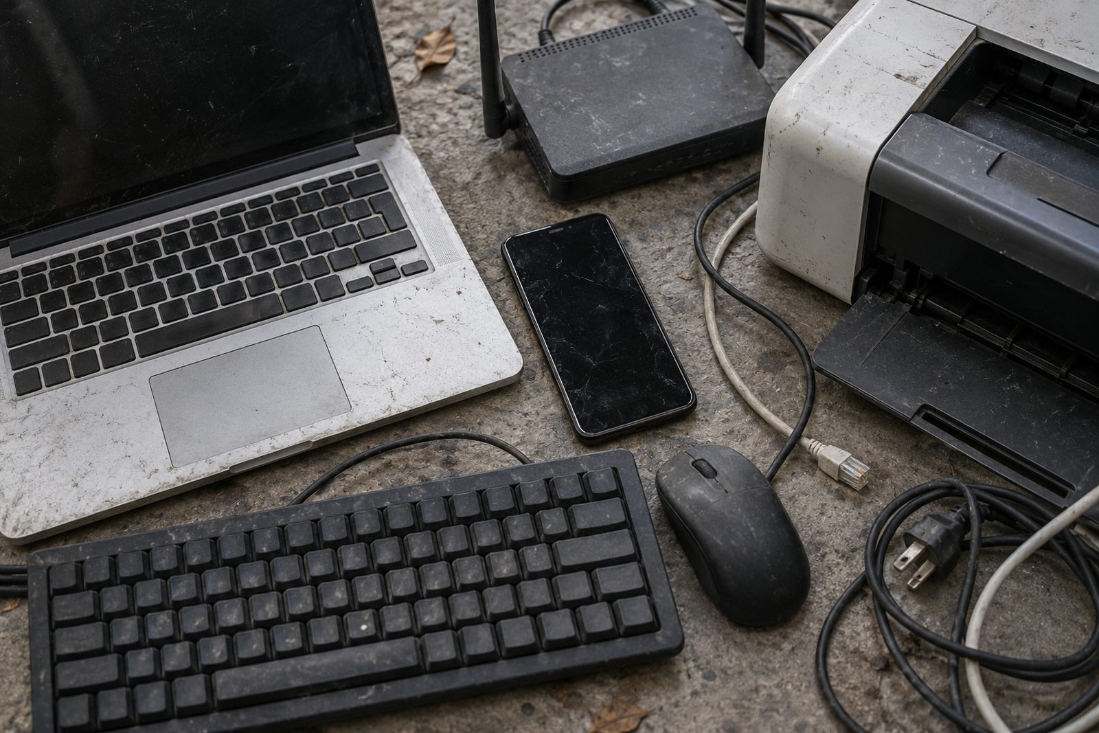 Common office e-waste laid out on a concrete floor, close-up