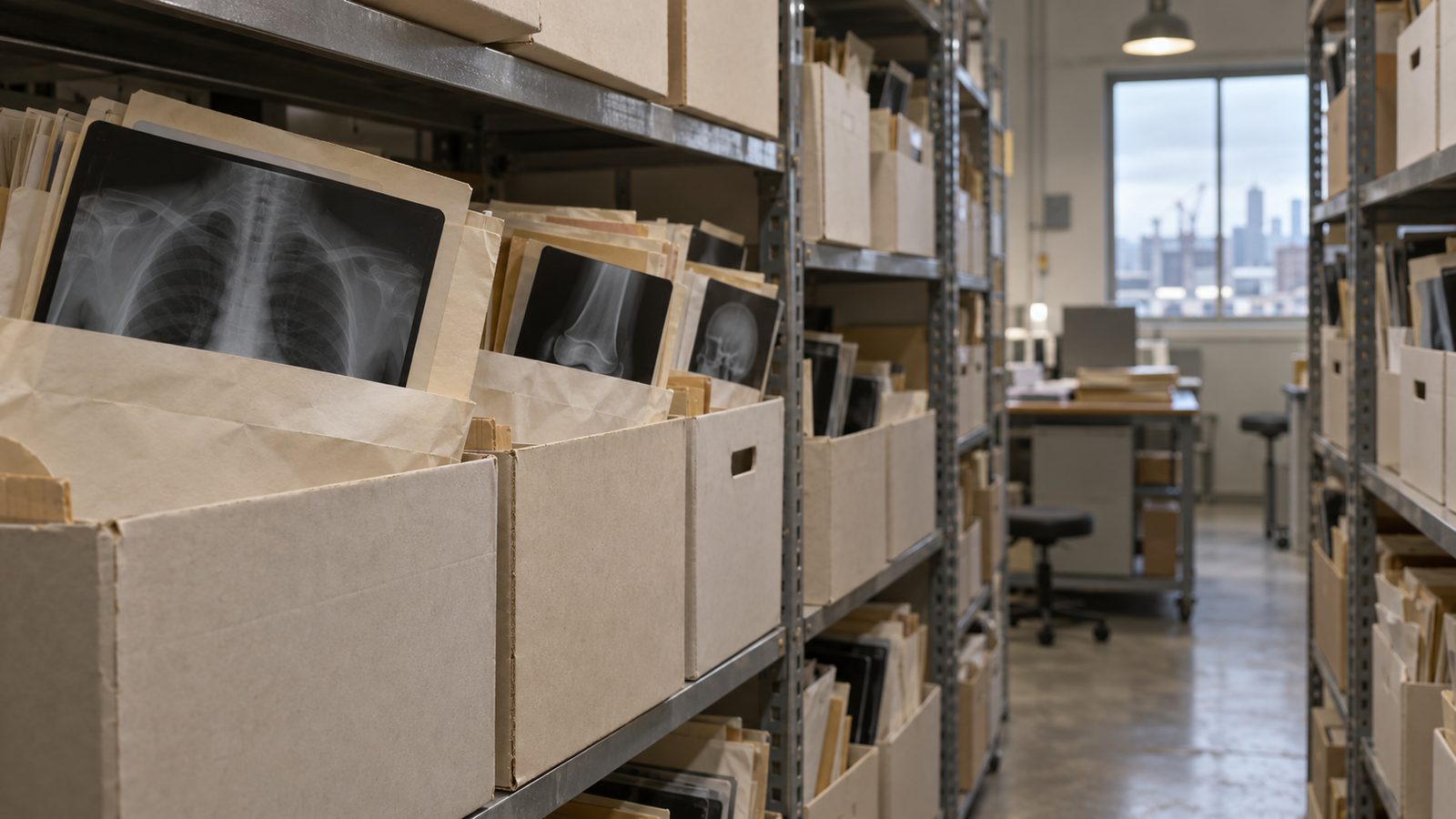 Archive boxes of old X-ray films on records room shelving